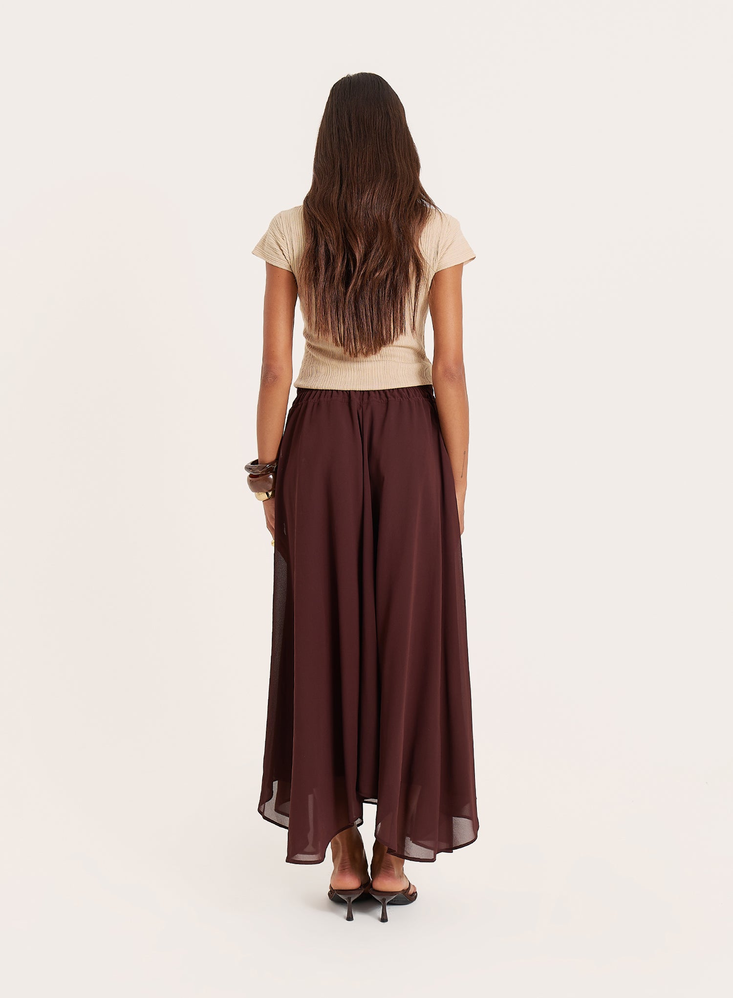 Chocolate Chiffon Asymmetric Hem Maxi Skirt